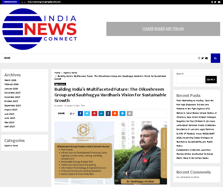 Oikoshreem featured in India News Connect: Scaling Global Corporate Standards