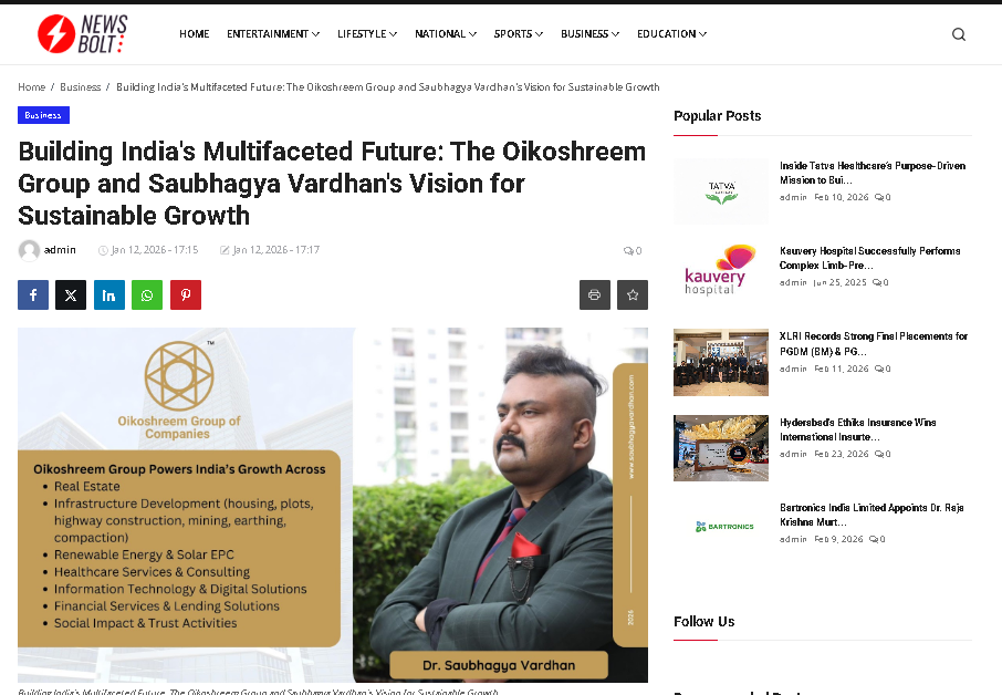 Oikoshreem featured in News Bolt: Building India's Multifaceted Future